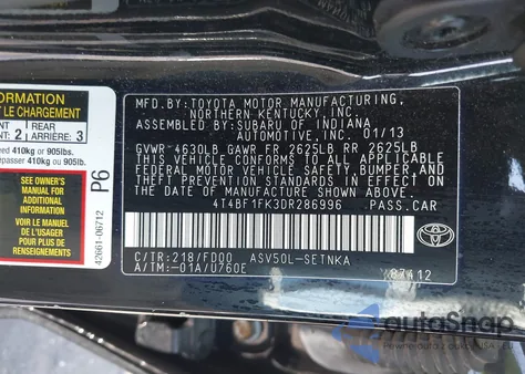 2013 Toyota Camry Le z USA, uszkodzony, nr VIN 4T4BF1FK3DR286996